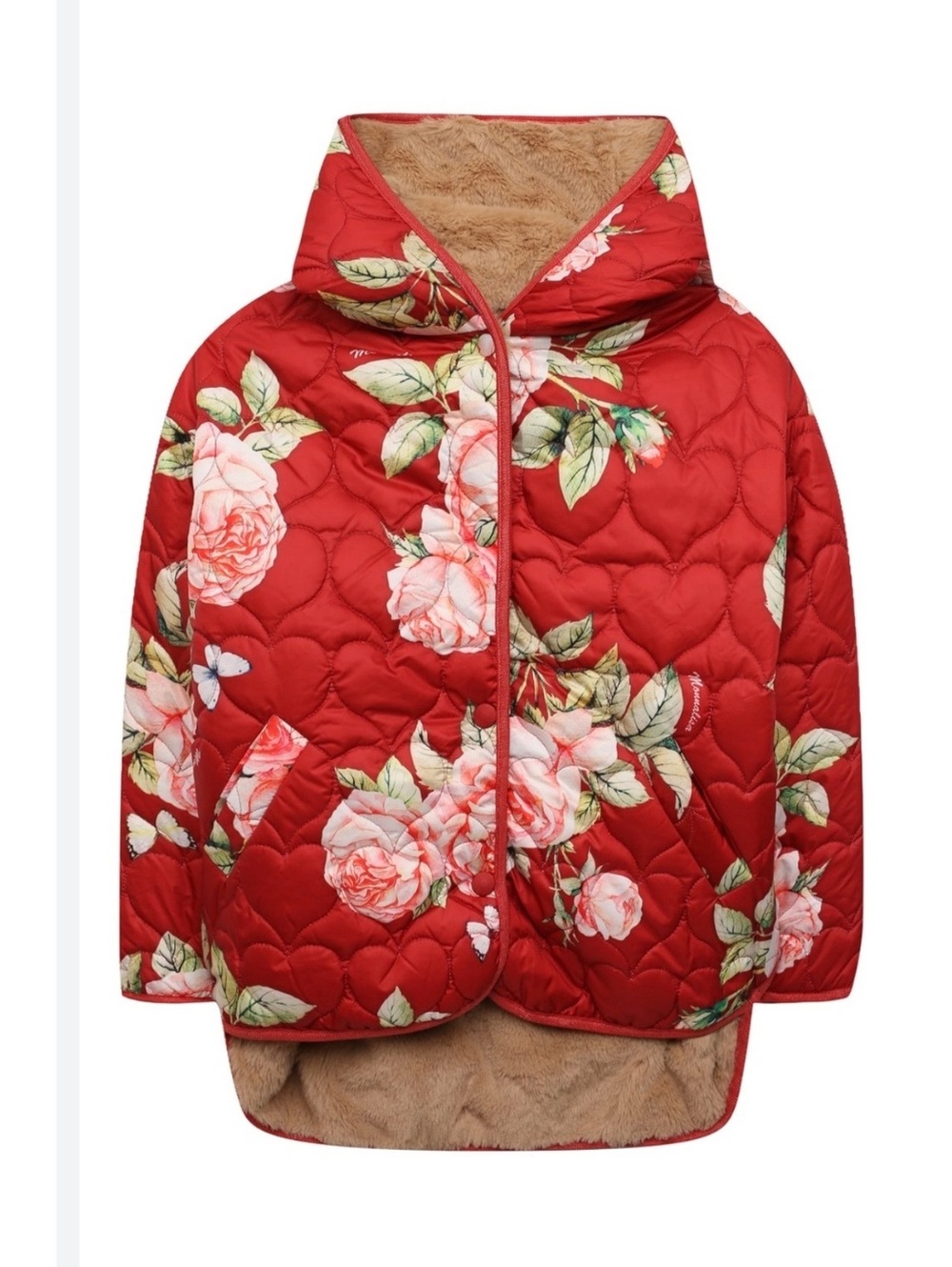 Monnalisa Floral Quilted Jacket Faux Fur Lined Red Roses Size 10 NWT